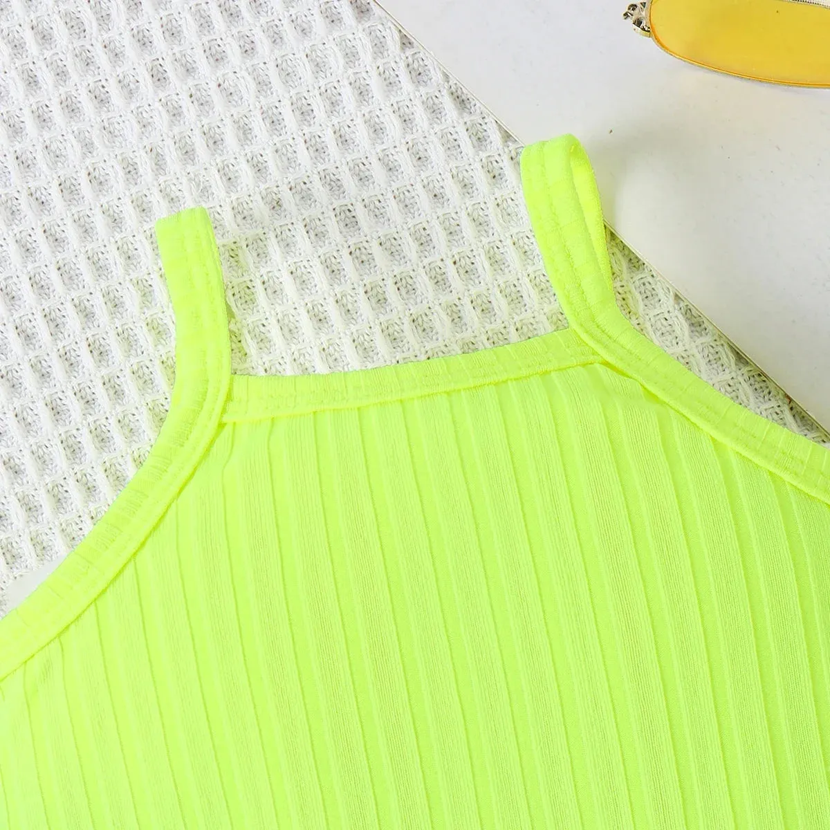 Neon Solid Rib-knit Romper   Denim Vest