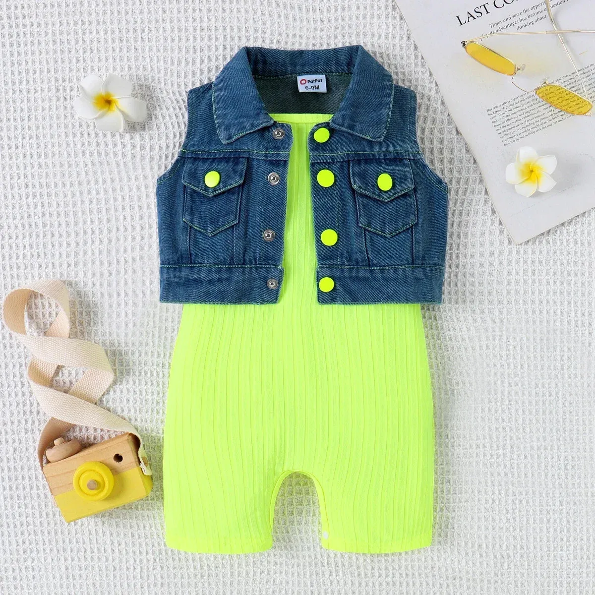 Neon Solid Rib-knit Romper   Denim Vest