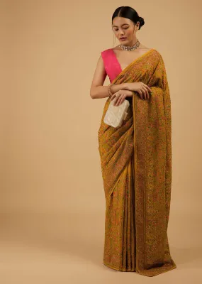 Ocher Yellow Festive Saree Kashmiri Embroidered In Georgette