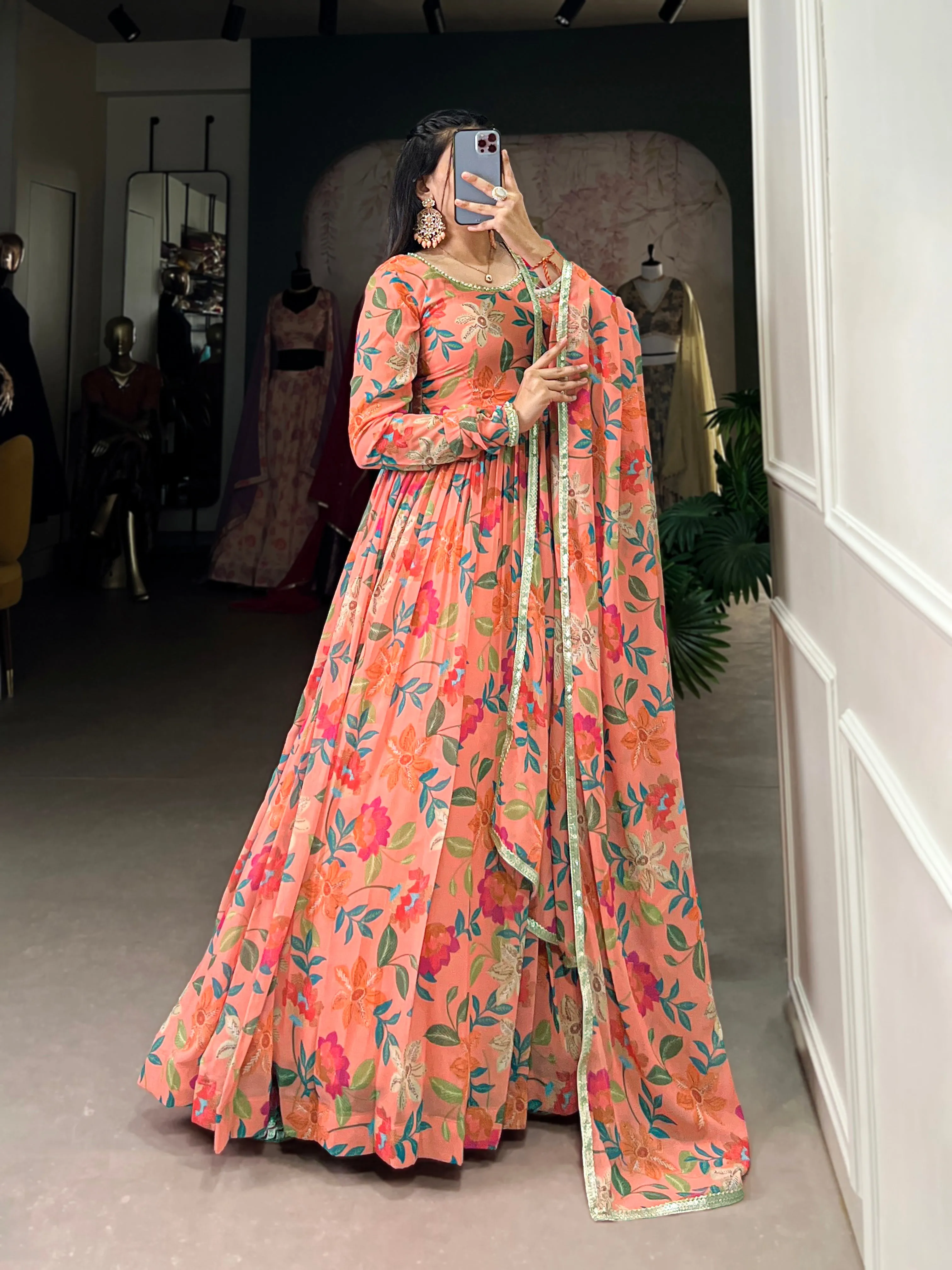 Peach Pure Georgette Silk Long Floor Length Floral Print Readymade Gown