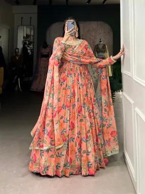 Peach Pure Georgette Silk Long Floor Length Floral Print Readymade Gown