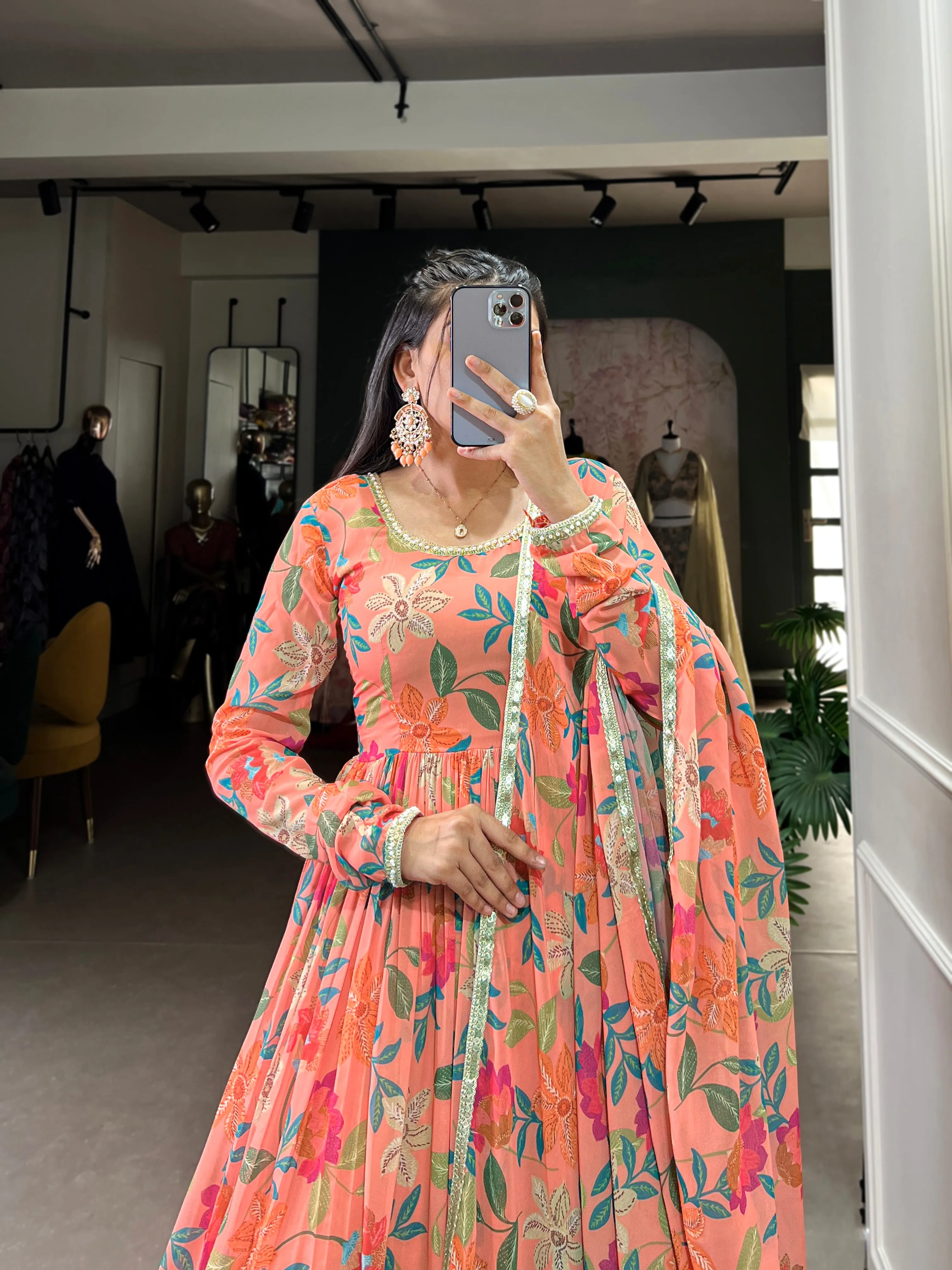 Peach Pure Georgette Silk Long Floor Length Floral Print Readymade Gown