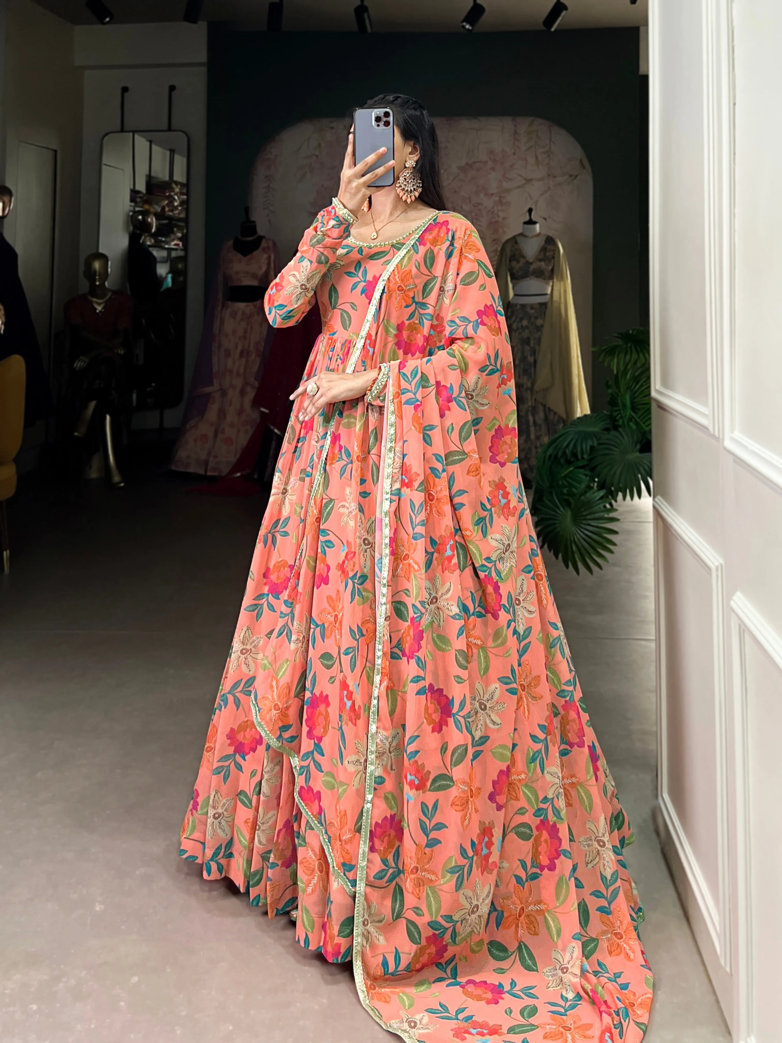 Peach Pure Georgette Silk Long Floor Length Floral Print Readymade Gown