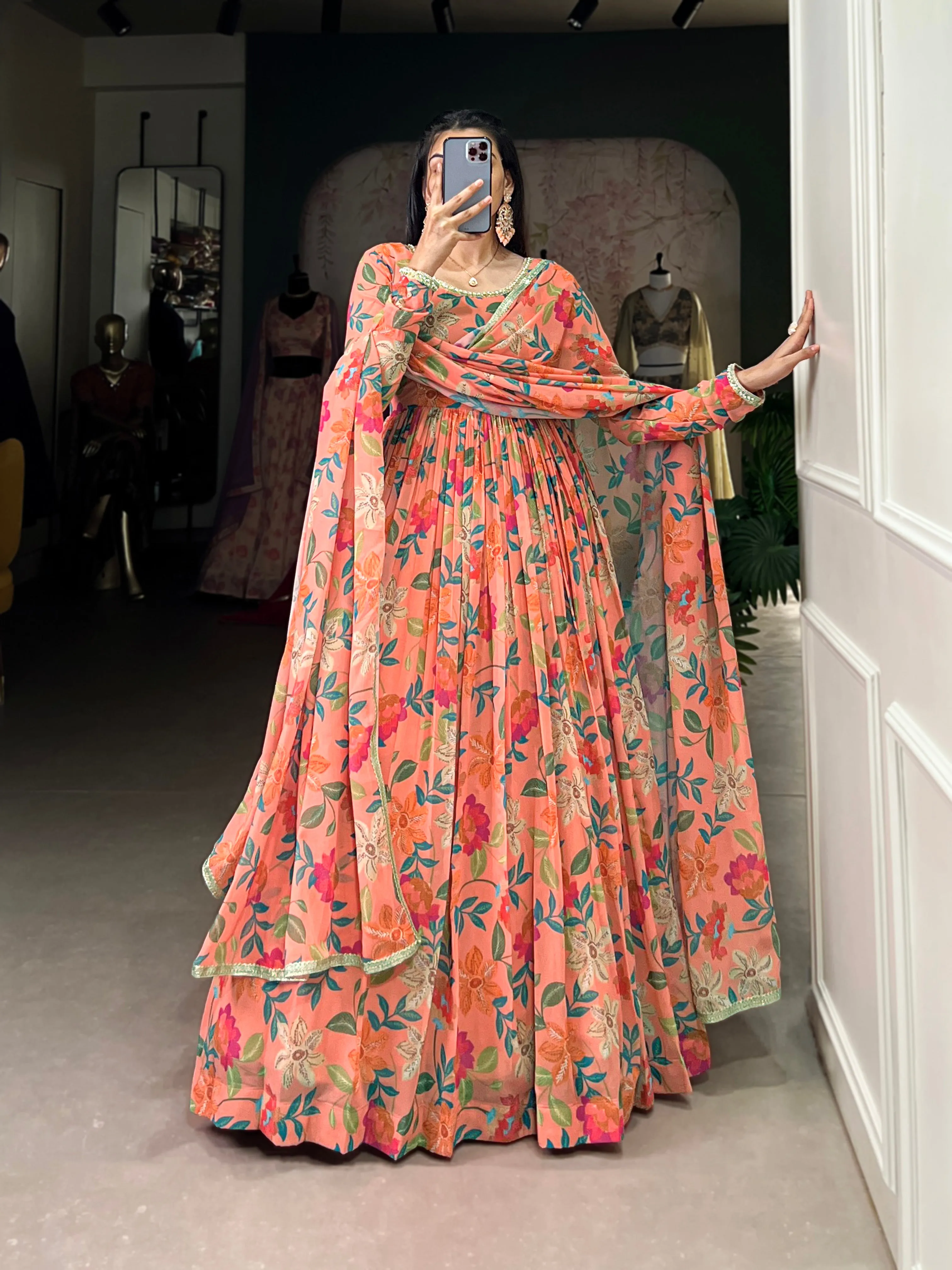 Peach Pure Georgette Silk Long Floor Length Floral Print Readymade Gown