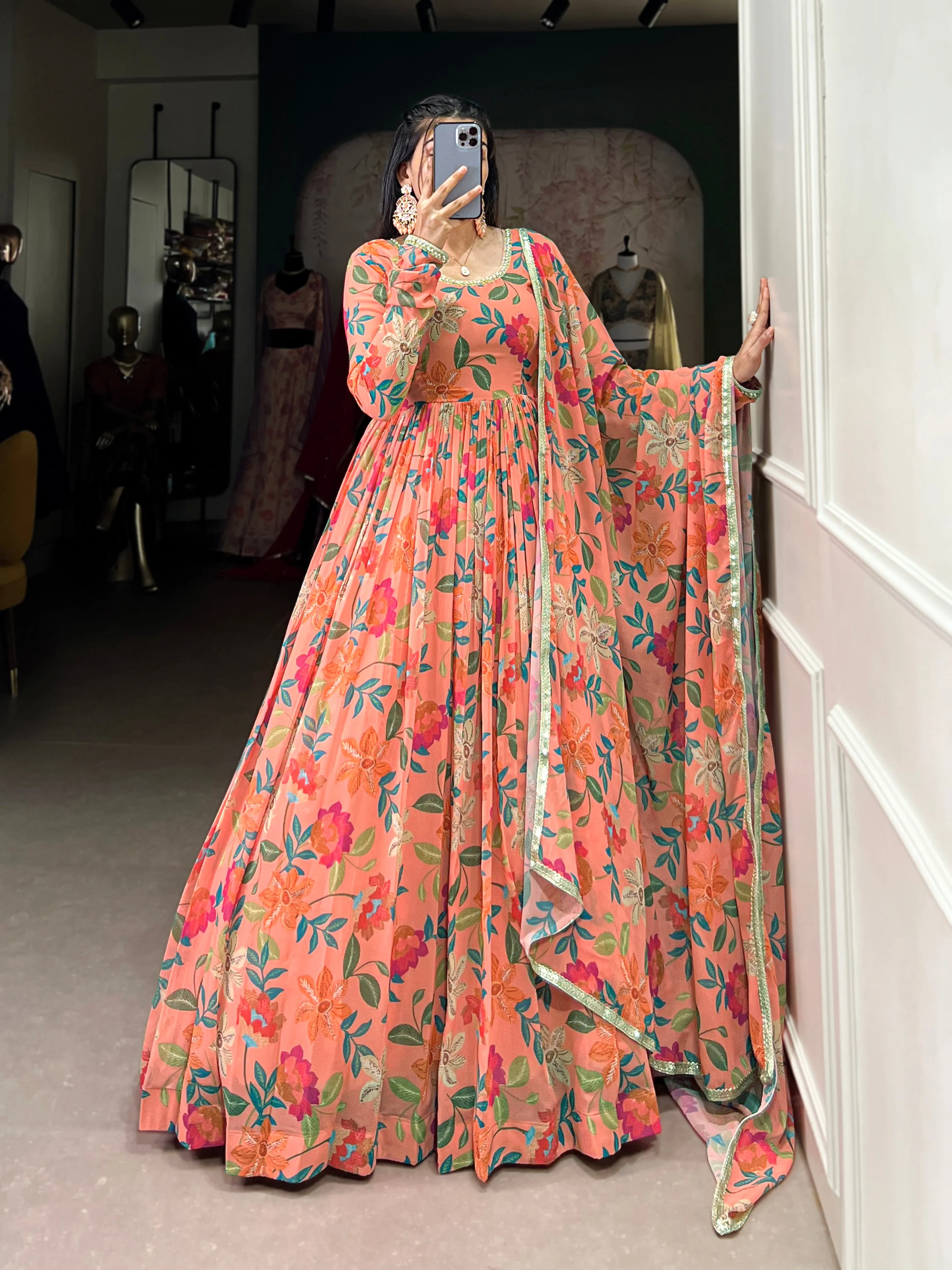 Peach Pure Georgette Silk Long Floor Length Floral Print Readymade Gown