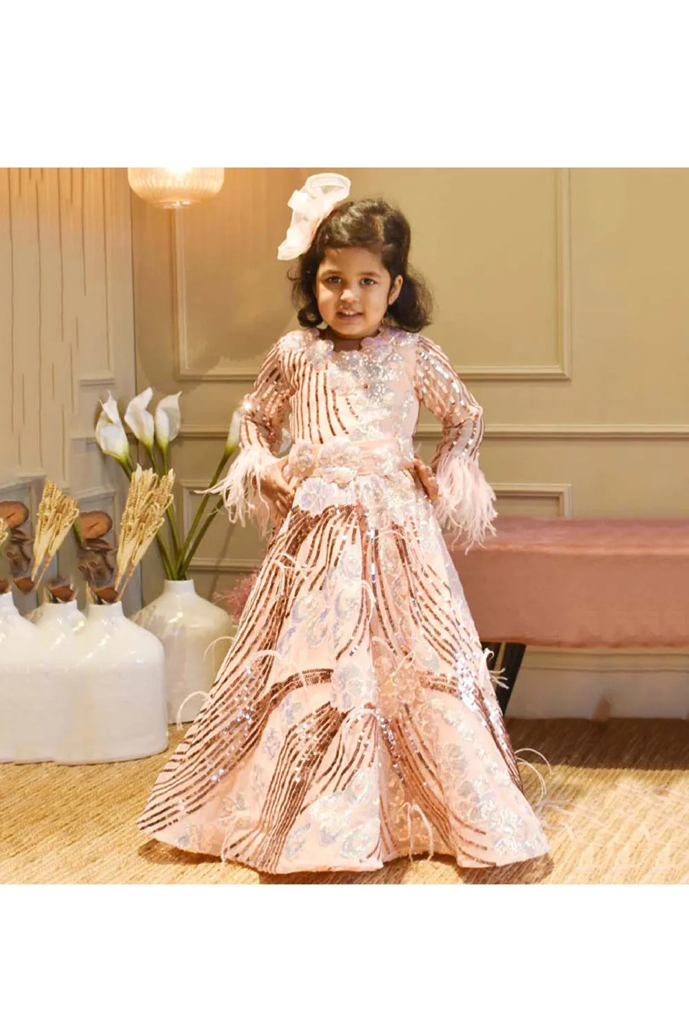 Peach Sequins And Floral Embroidered Net Gown