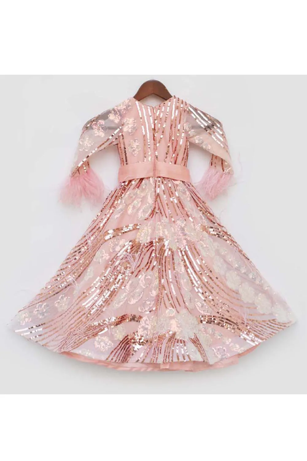 Peach Sequins And Floral Embroidered Net Gown