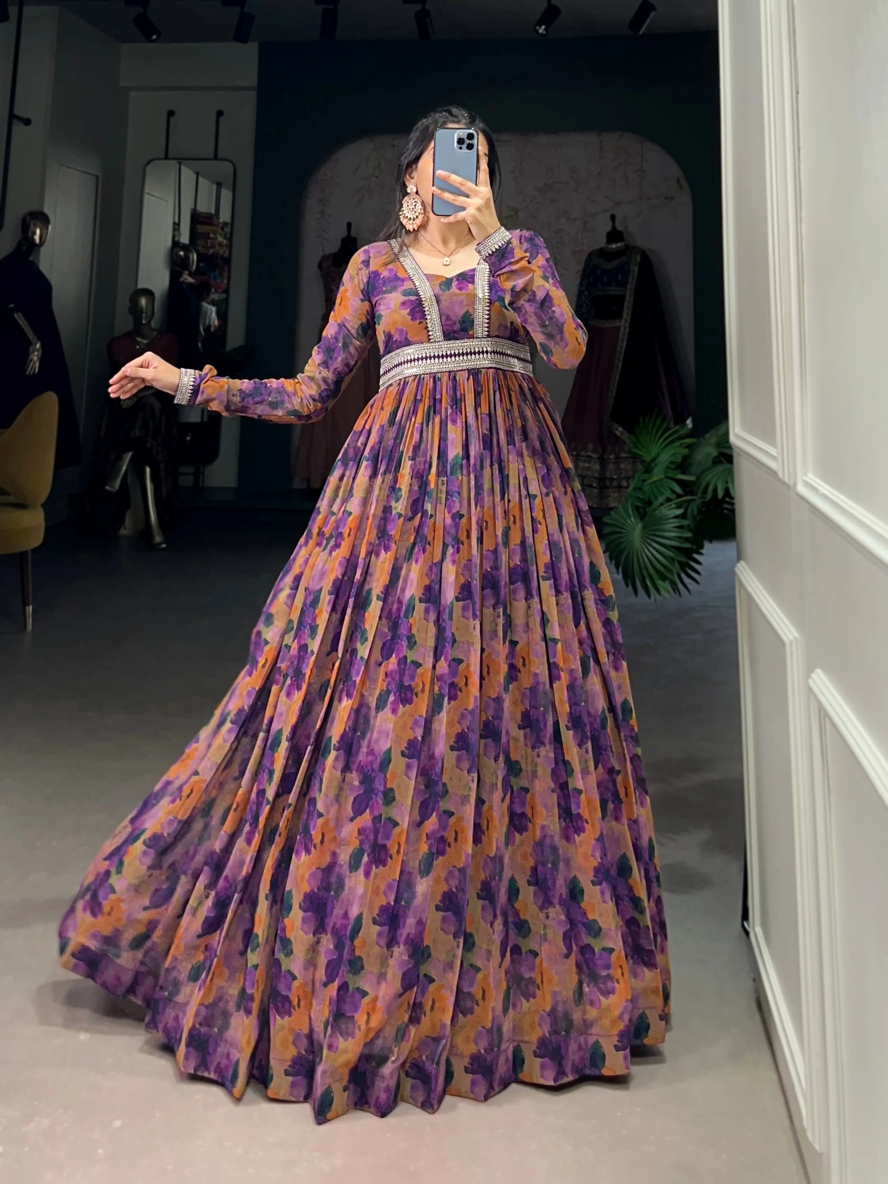 Purple Pure Georgette Silk Long Floor Length Floral Print Readymade Gown