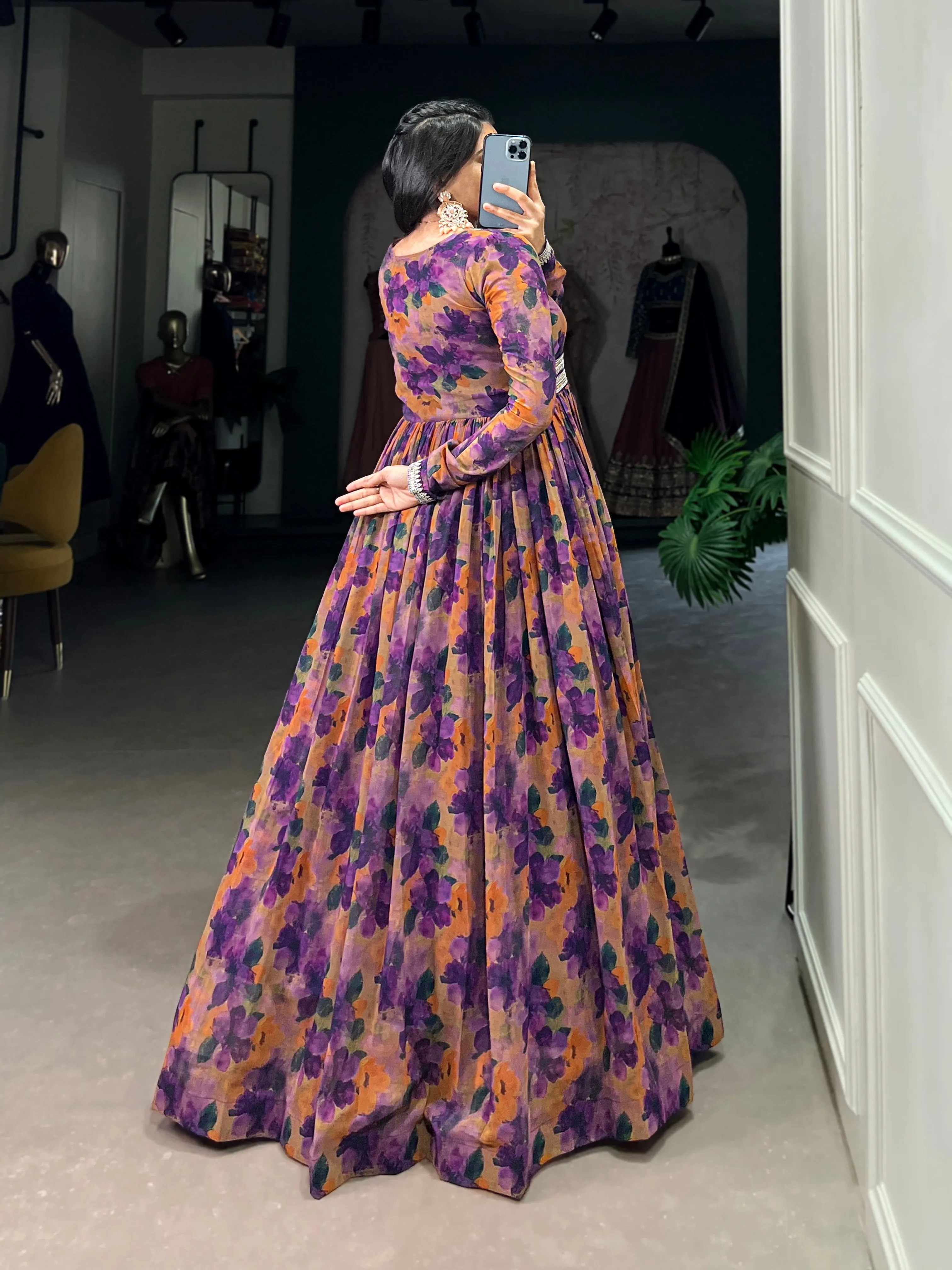 Purple Pure Georgette Silk Long Floor Length Floral Print Readymade Gown