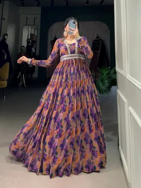 Purple Pure Georgette Silk Long Floor Length Floral Print Readymade Gown