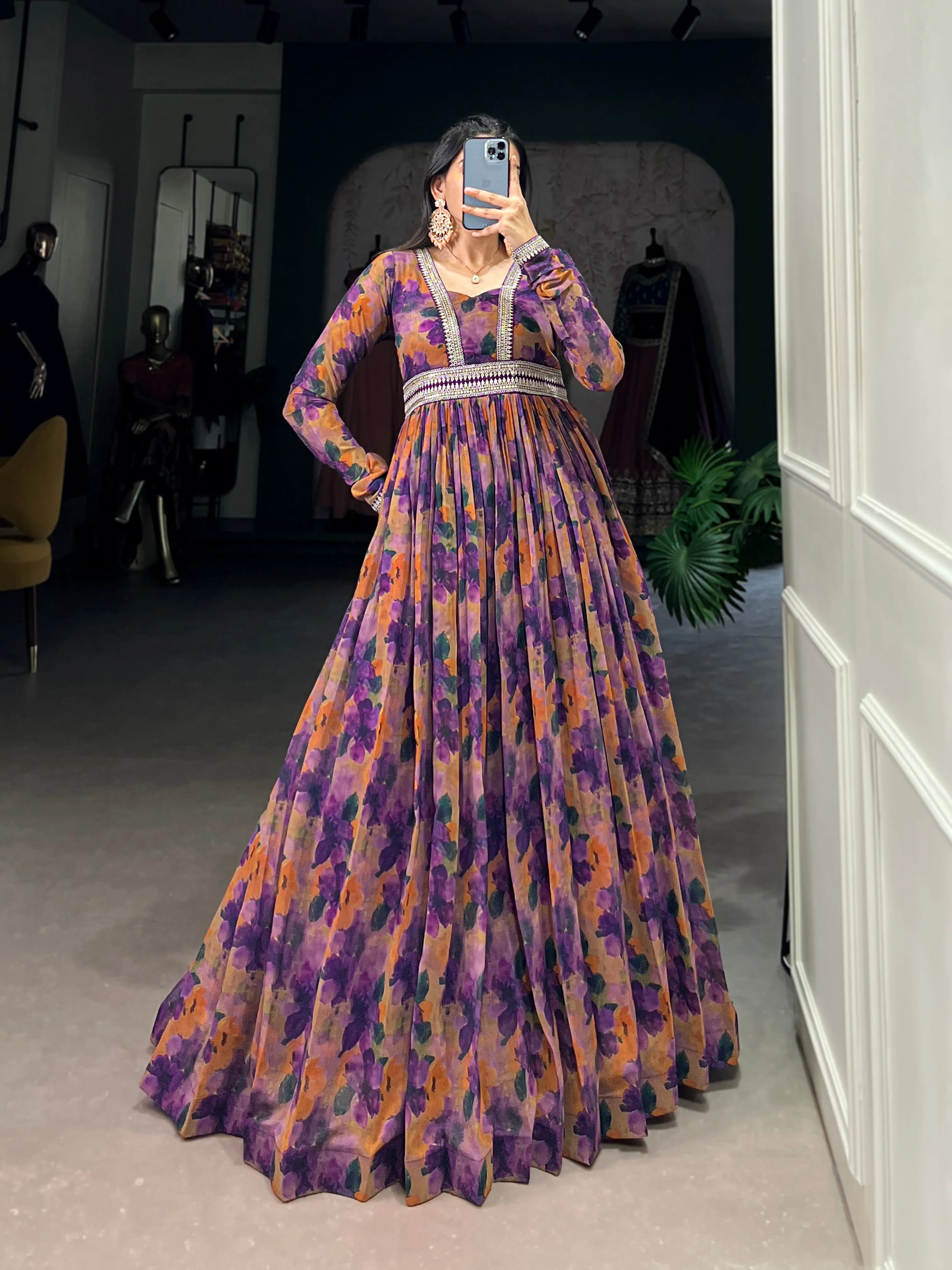 Purple Pure Georgette Silk Long Floor Length Floral Print Readymade Gown