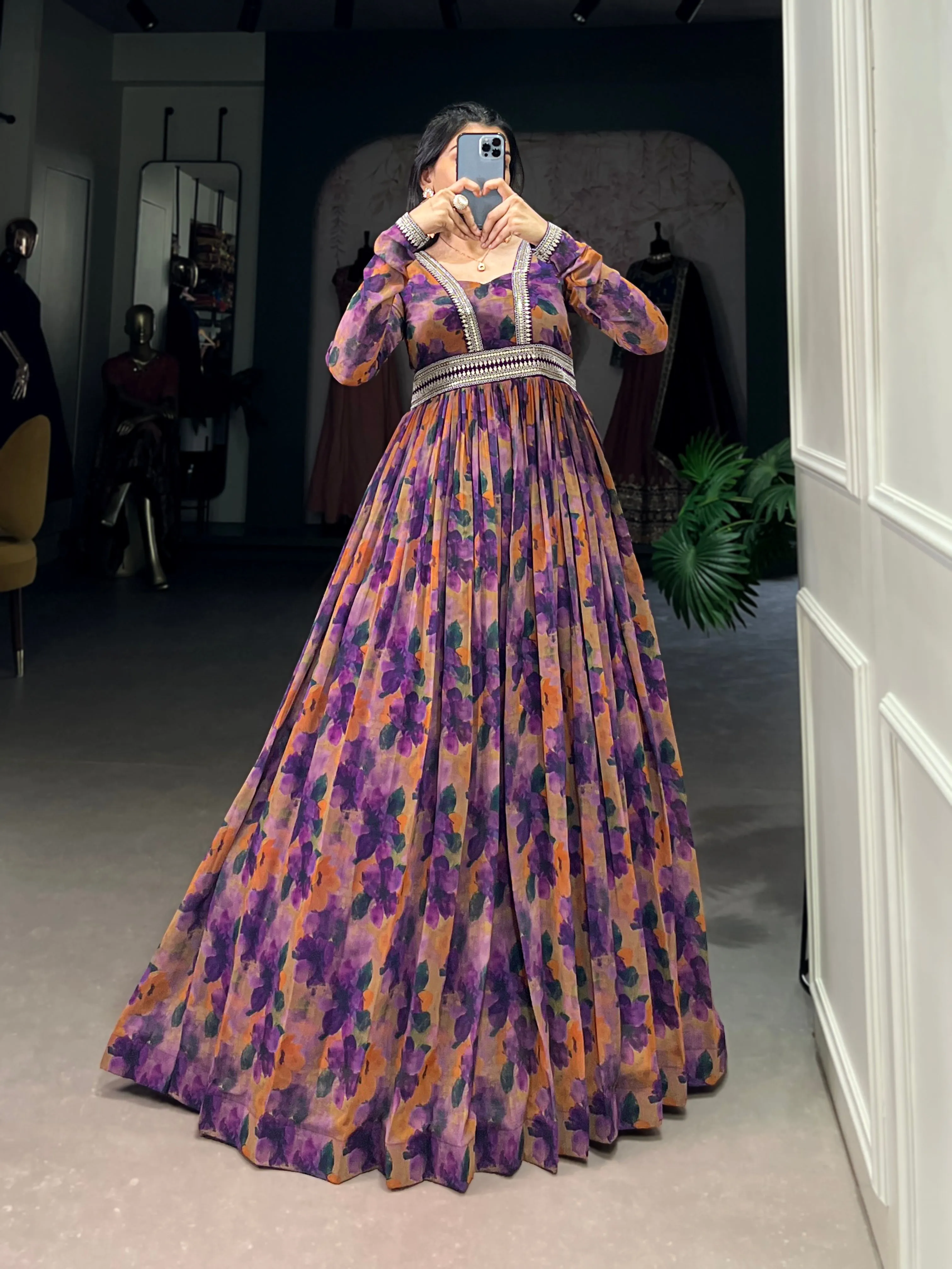 Purple Pure Georgette Silk Long Floor Length Floral Print Readymade Gown