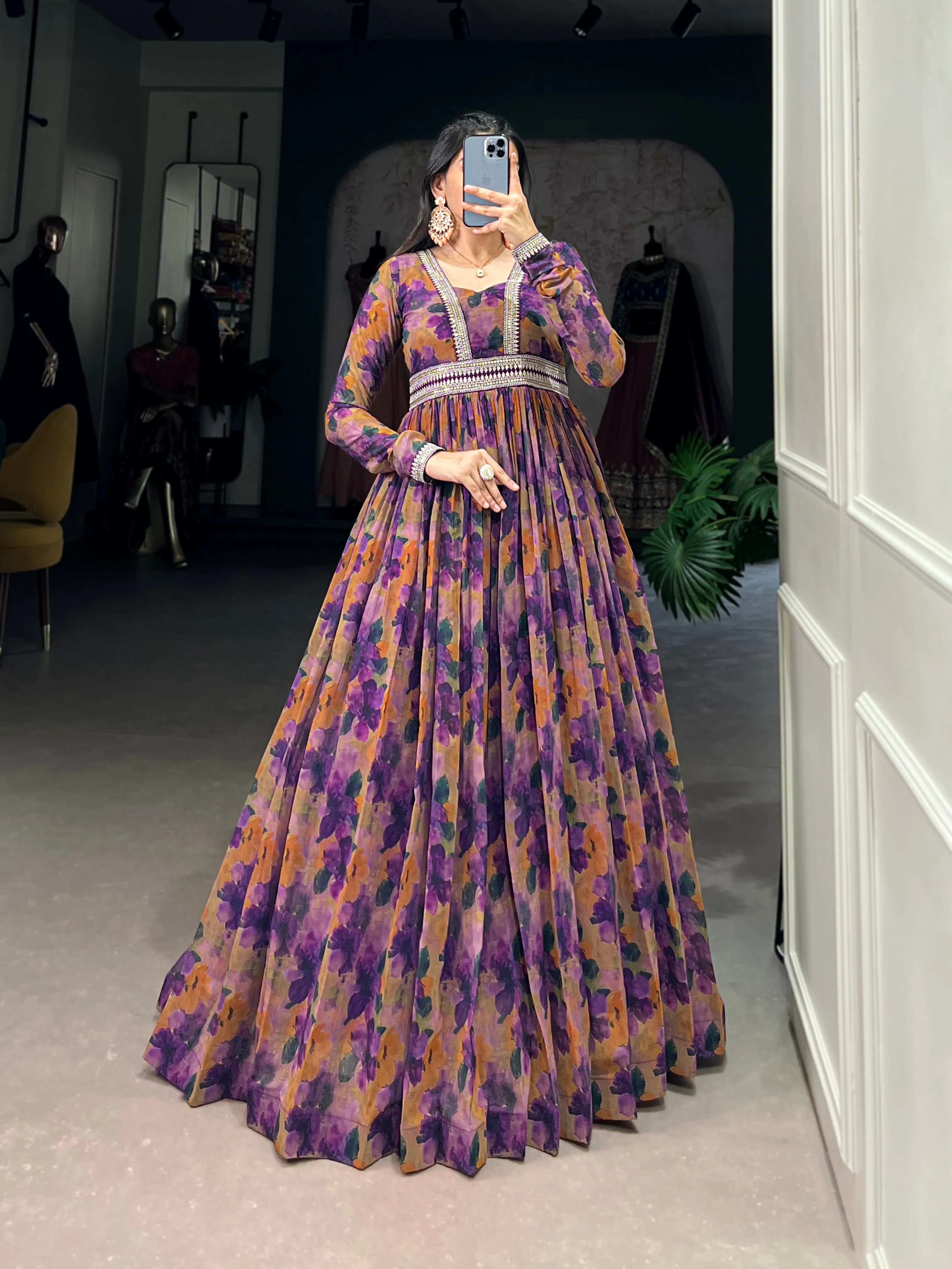 Purple Pure Georgette Silk Long Floor Length Floral Print Readymade Gown
