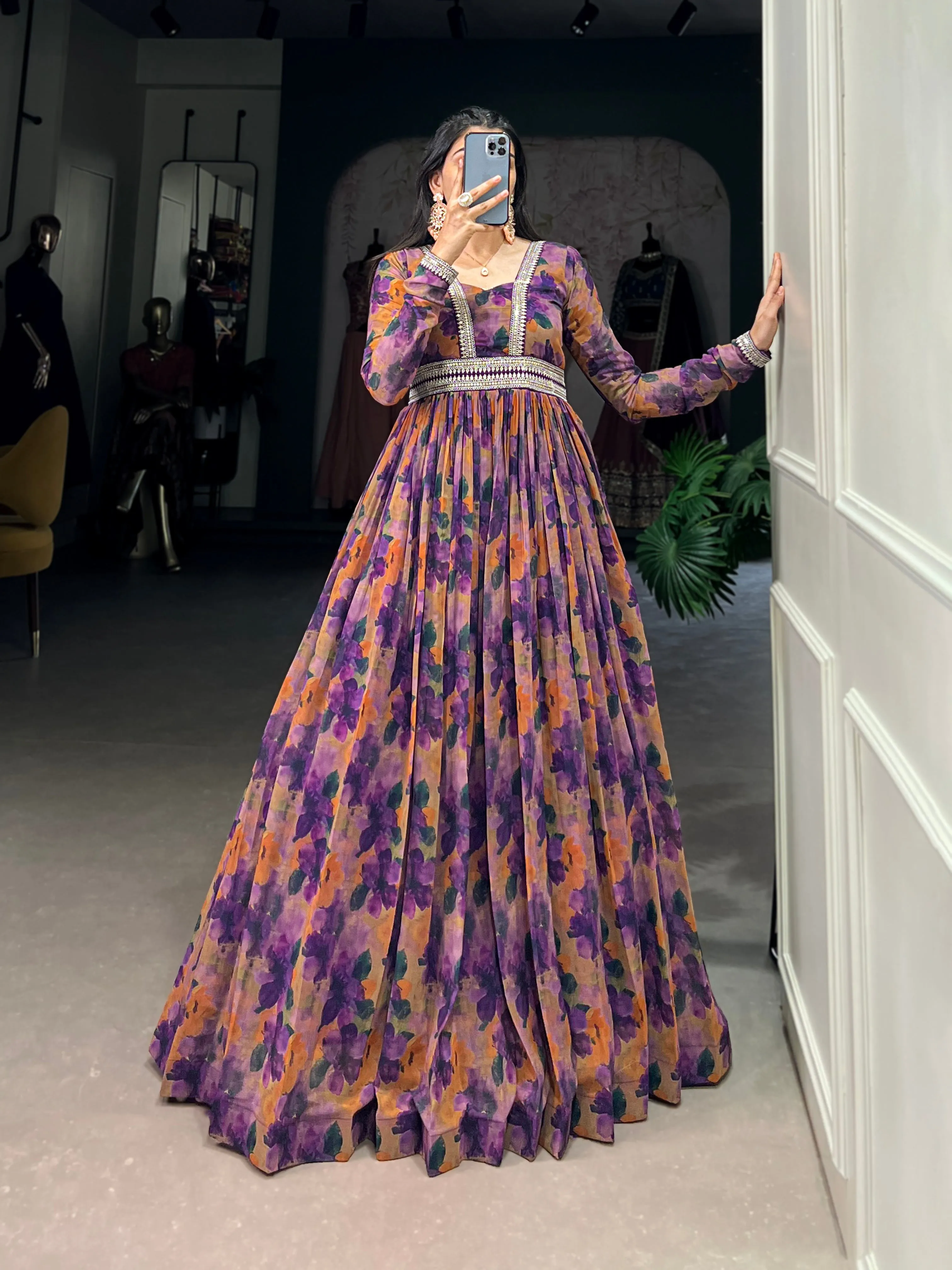 Purple Pure Georgette Silk Long Floor Length Floral Print Readymade Gown
