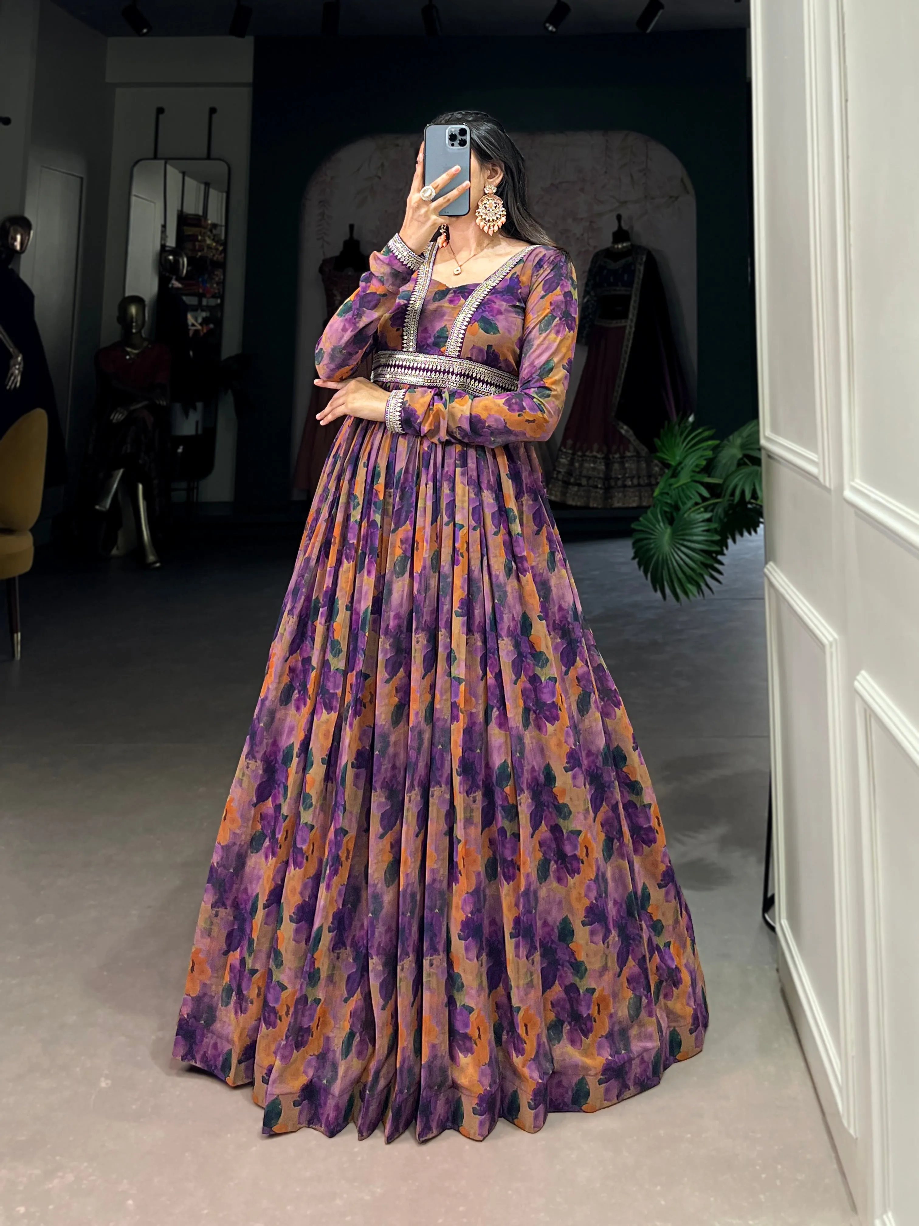 Purple Pure Georgette Silk Long Floor Length Floral Print Readymade Gown