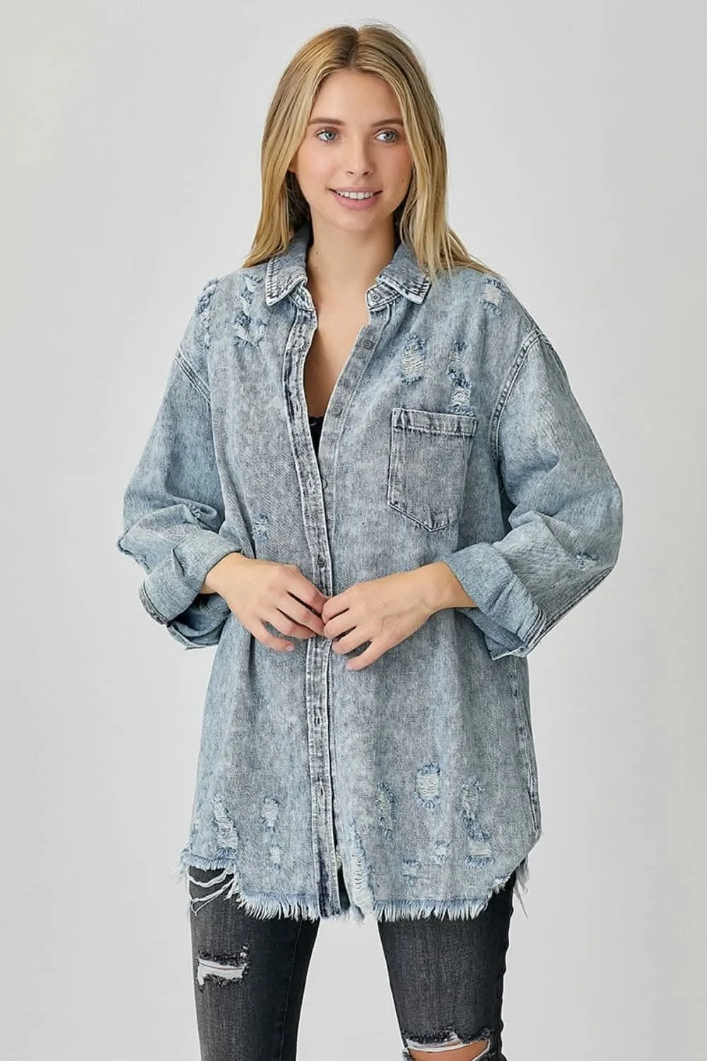 Risen distressed raw hem shirt