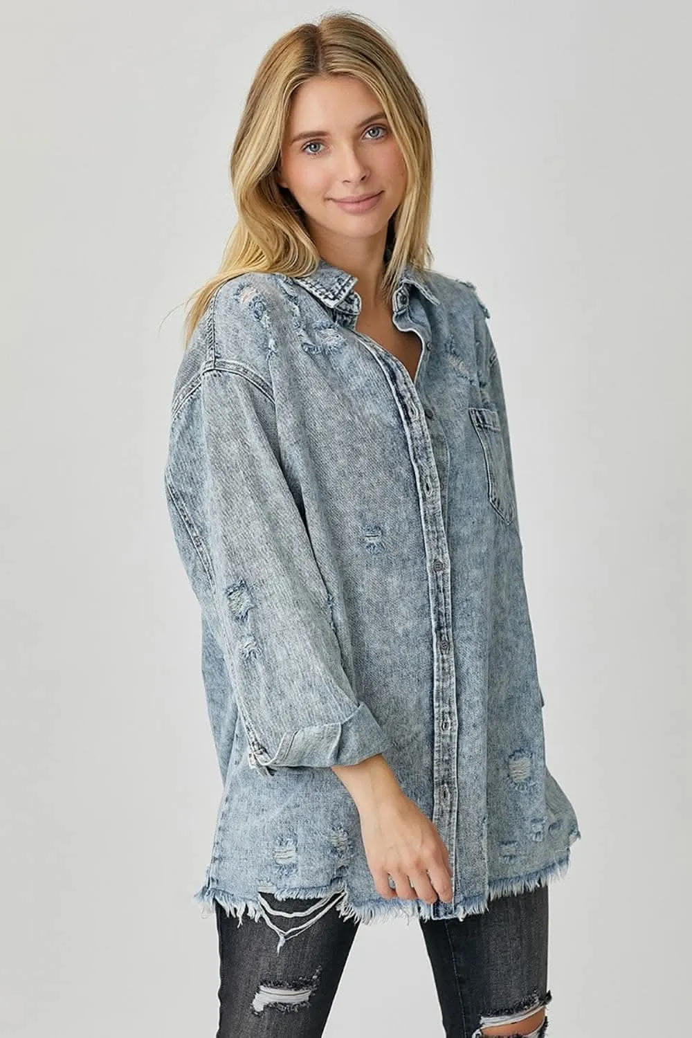 Risen distressed raw hem shirt