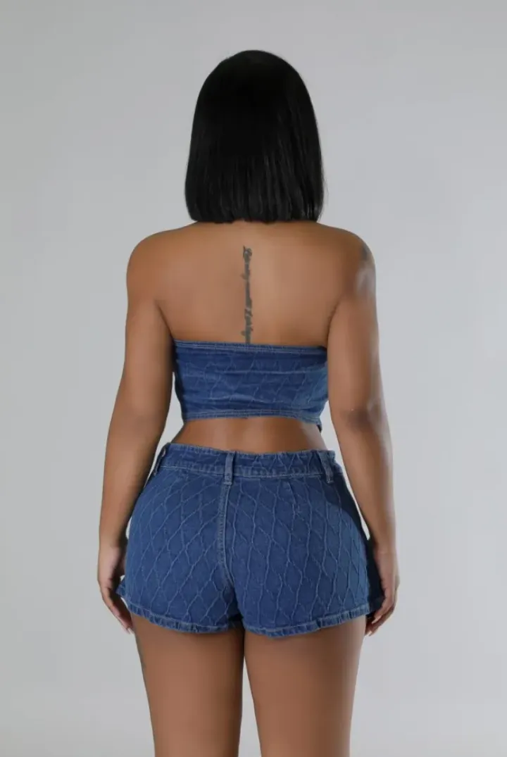 Slim Halter Button Vest Skirts Denim Two Piece Set