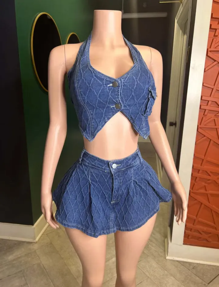 Slim Halter Button Vest Skirts Denim Two Piece Set