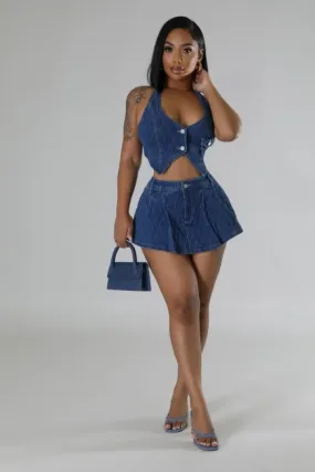 Slim Halter Button Vest Skirts Denim Two Piece Set