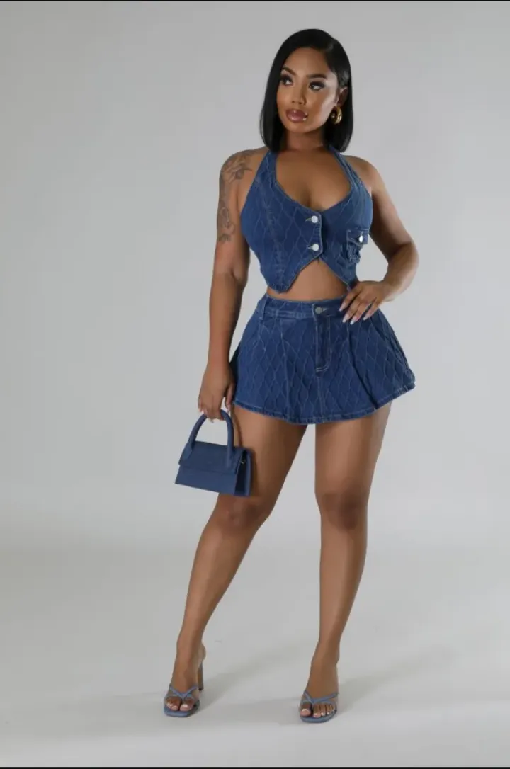 Slim Halter Button Vest Skirts Denim Two Piece Set