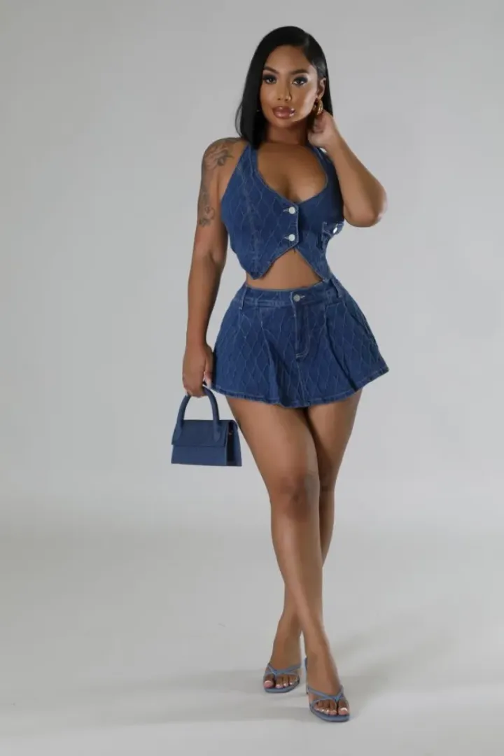 Slim Halter Button Vest Skirts Denim Two Piece Set