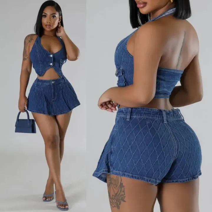 Slim Halter Button Vest Skirts Denim Two Piece Set