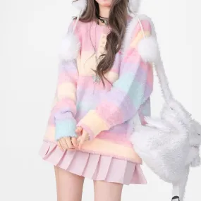 Sweet Style Rainbow Striped Crew Neck Sweater
