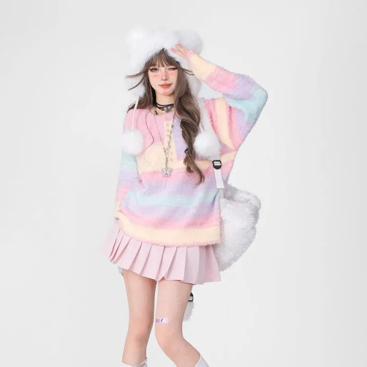 Sweet Style Rainbow Striped Crew Neck Sweater