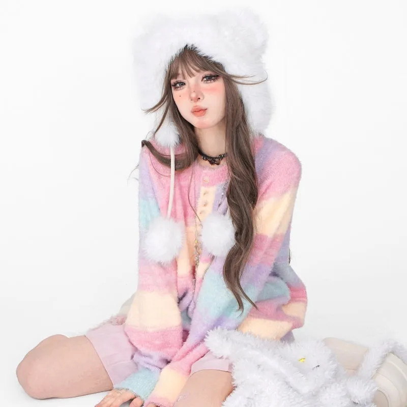 Sweet Style Rainbow Striped Crew Neck Sweater