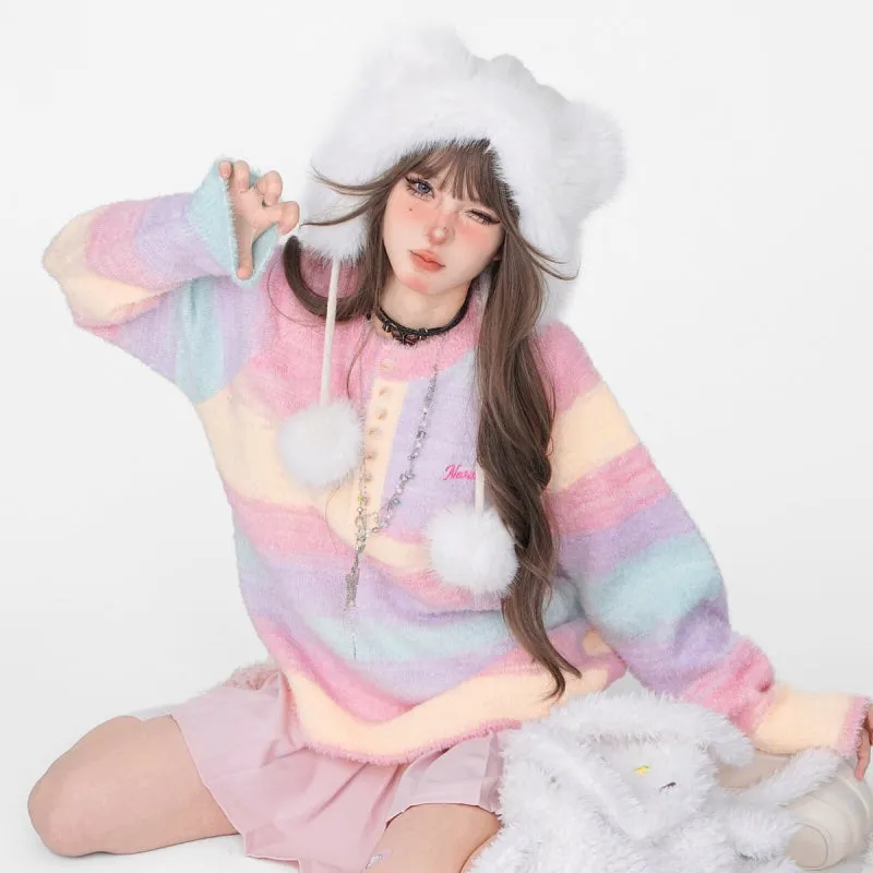 Sweet Style Rainbow Striped Crew Neck Sweater