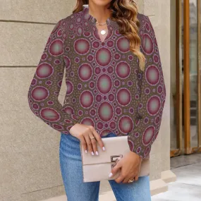 V Neck Long Sleeve Blouse Burgundy and Green