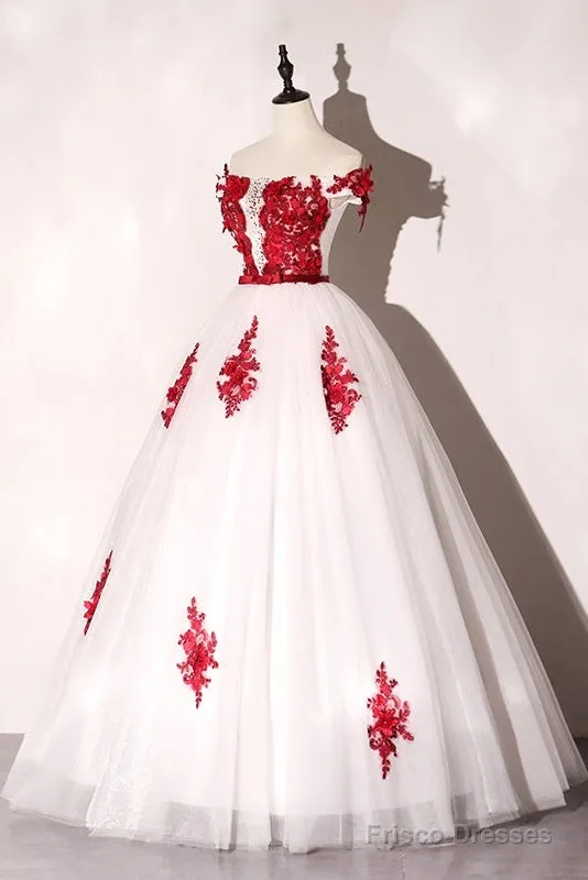 White Tulle Scoop Long Formal Dress With Red Lace, Lovely Red Formal Dress Prom Dress